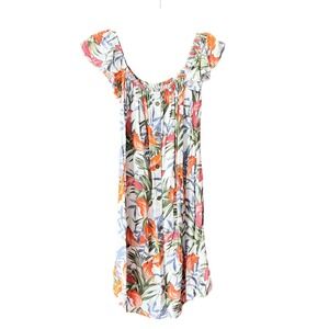 Doo Australia Women White Tropical Floral Button Front Off Shoulder Dress Medium
